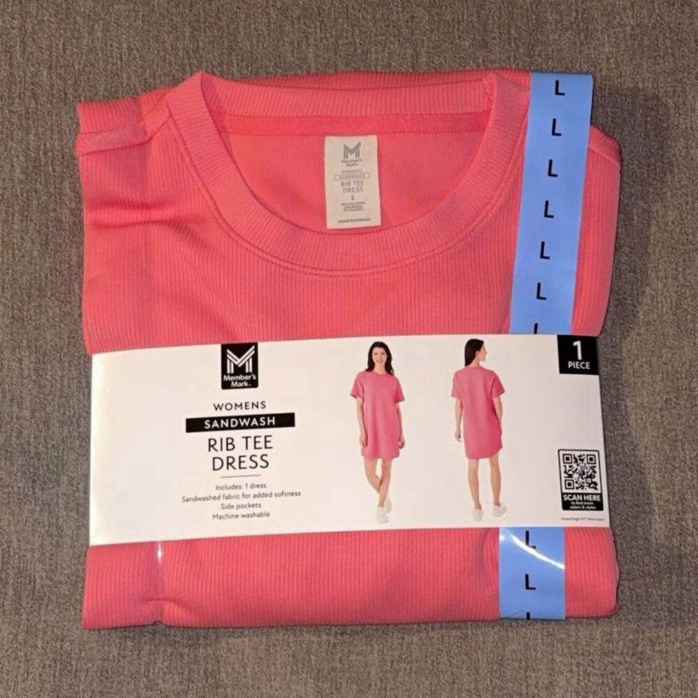 Member's Mark Women's Pink Sandwash Rib T-Shirt Dress Pockets Crew Neck L